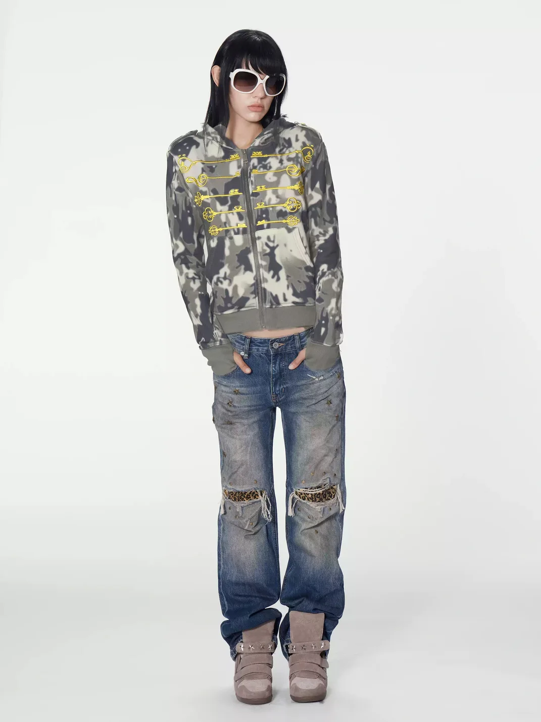 no E mosen | Fitted Camouflage Embroidered Zip Hoodie