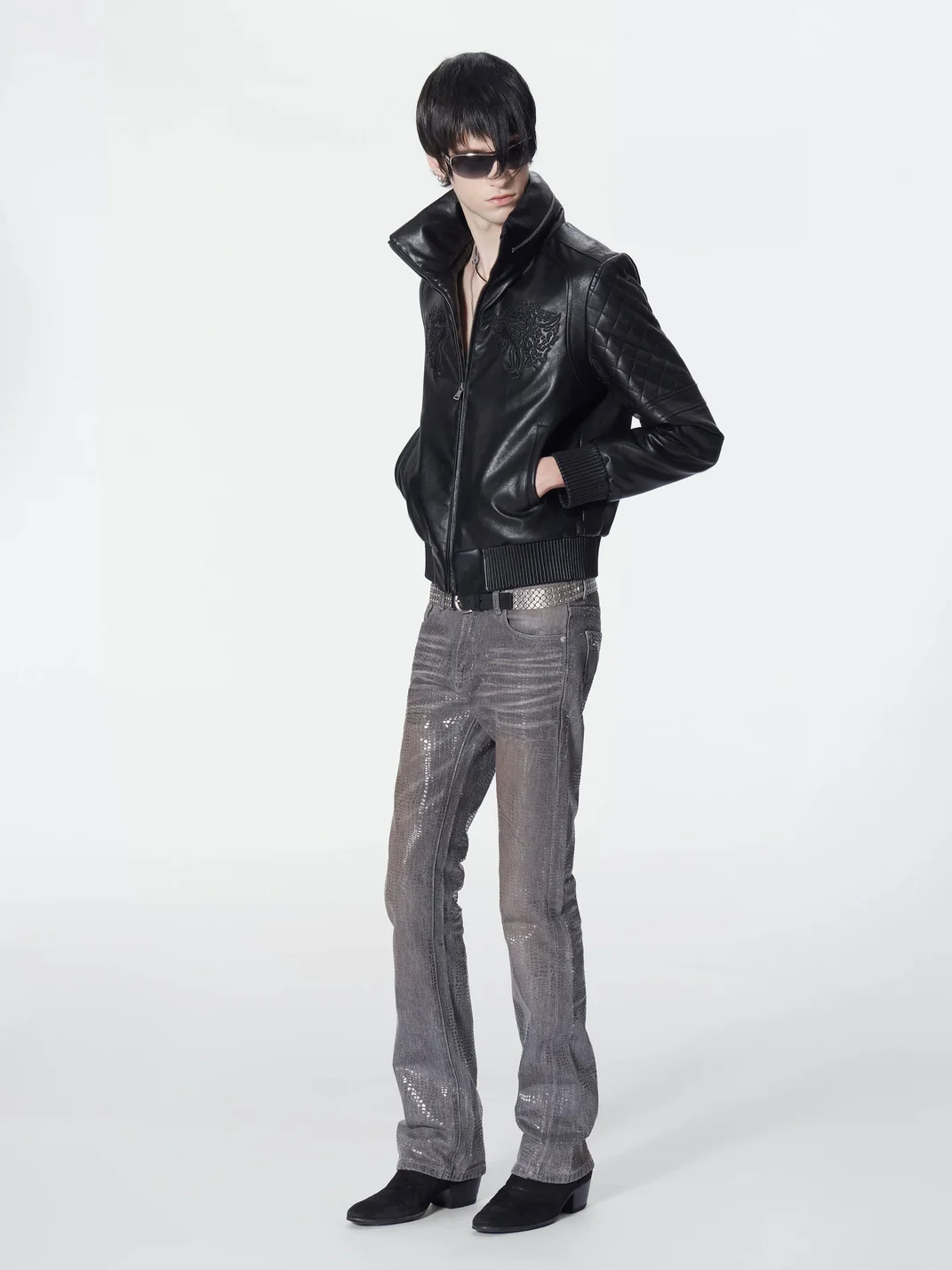 no E mosen | Rust-Dyed Snakeskin Sequin Slim Flare Jeans