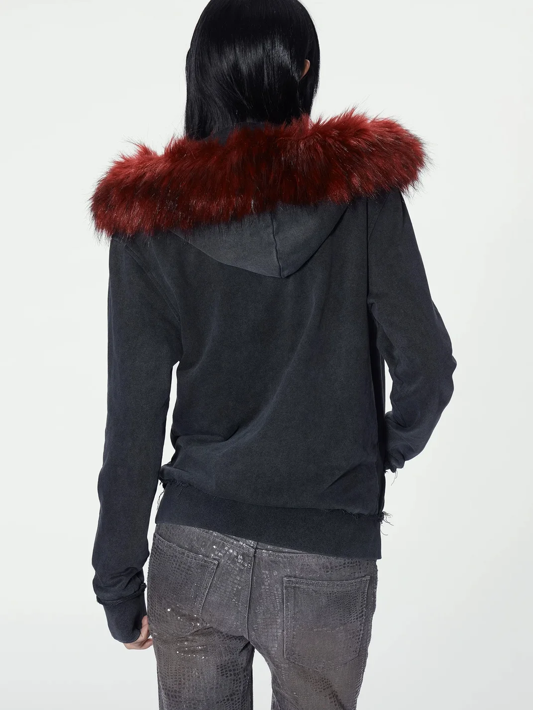 no E mosen | Washed Biker Collar Fur Trim Hooded Sweatshirt