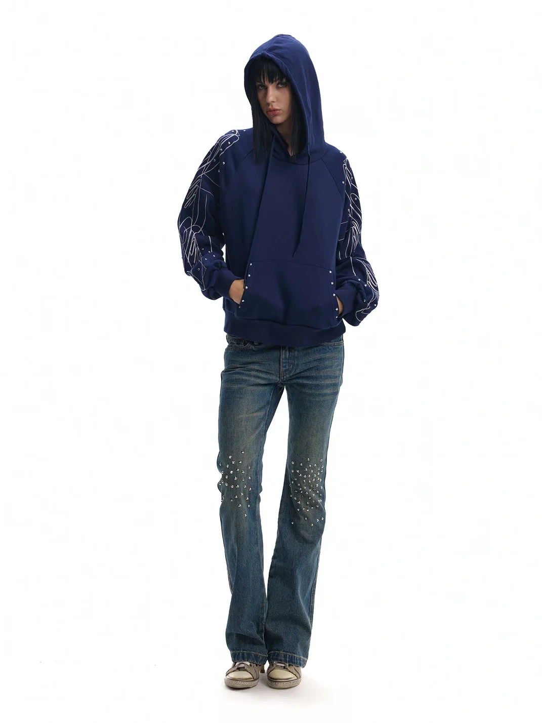 no E mosen | Oversized Cross Embroidered Rhinestone Hoodie