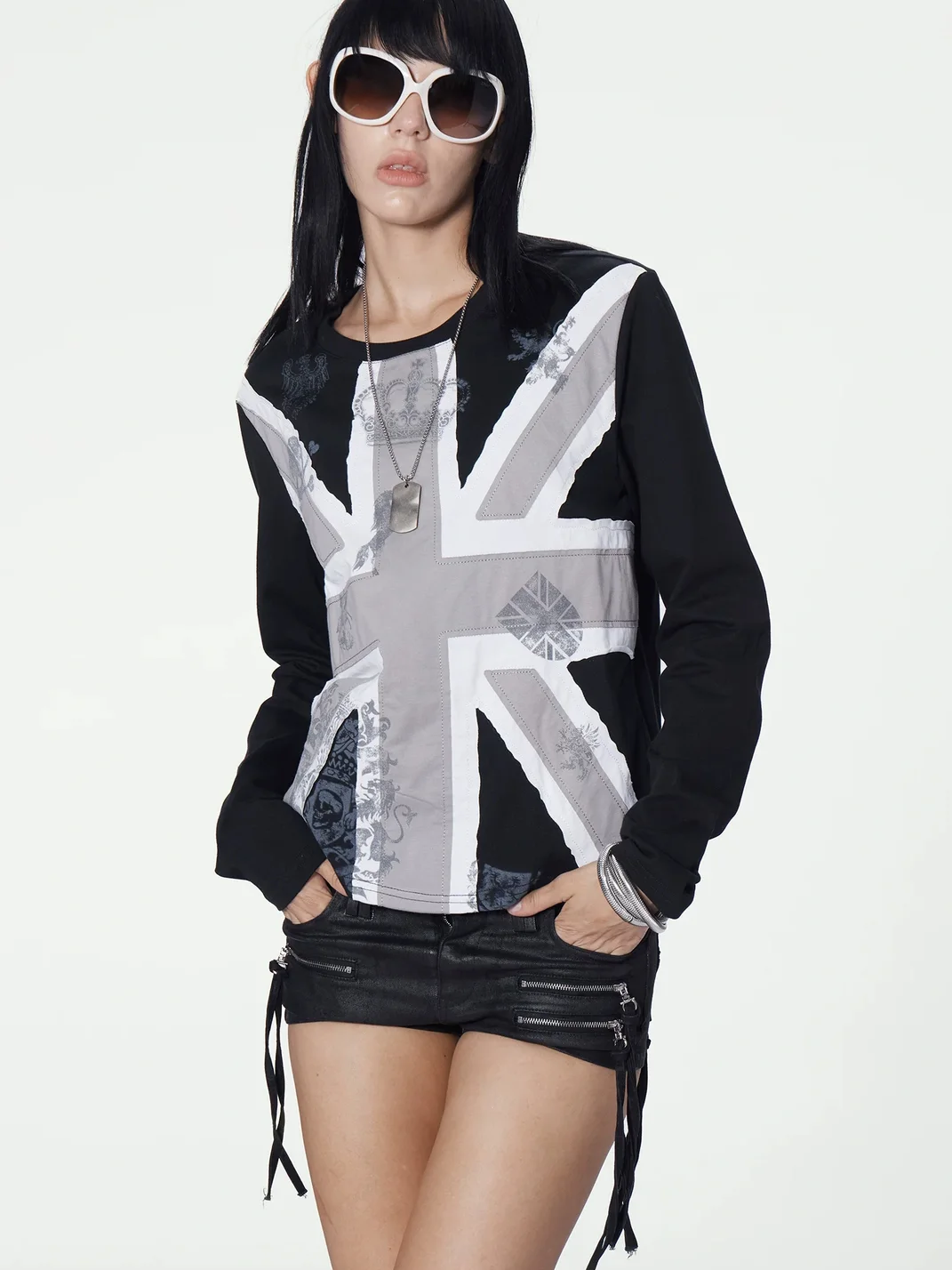 no E mosen | Slim Fit Union Jack Patch Long Sleeve T-Shirt