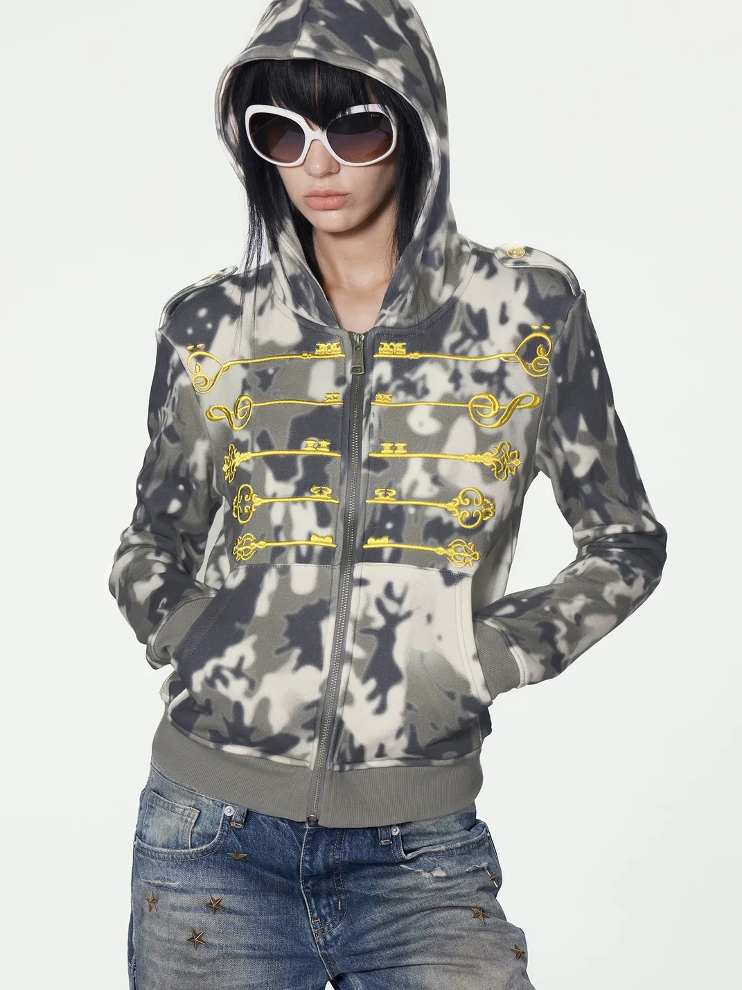 no E mosen | Fitted Camouflage Embroidered Zip Hoodie
