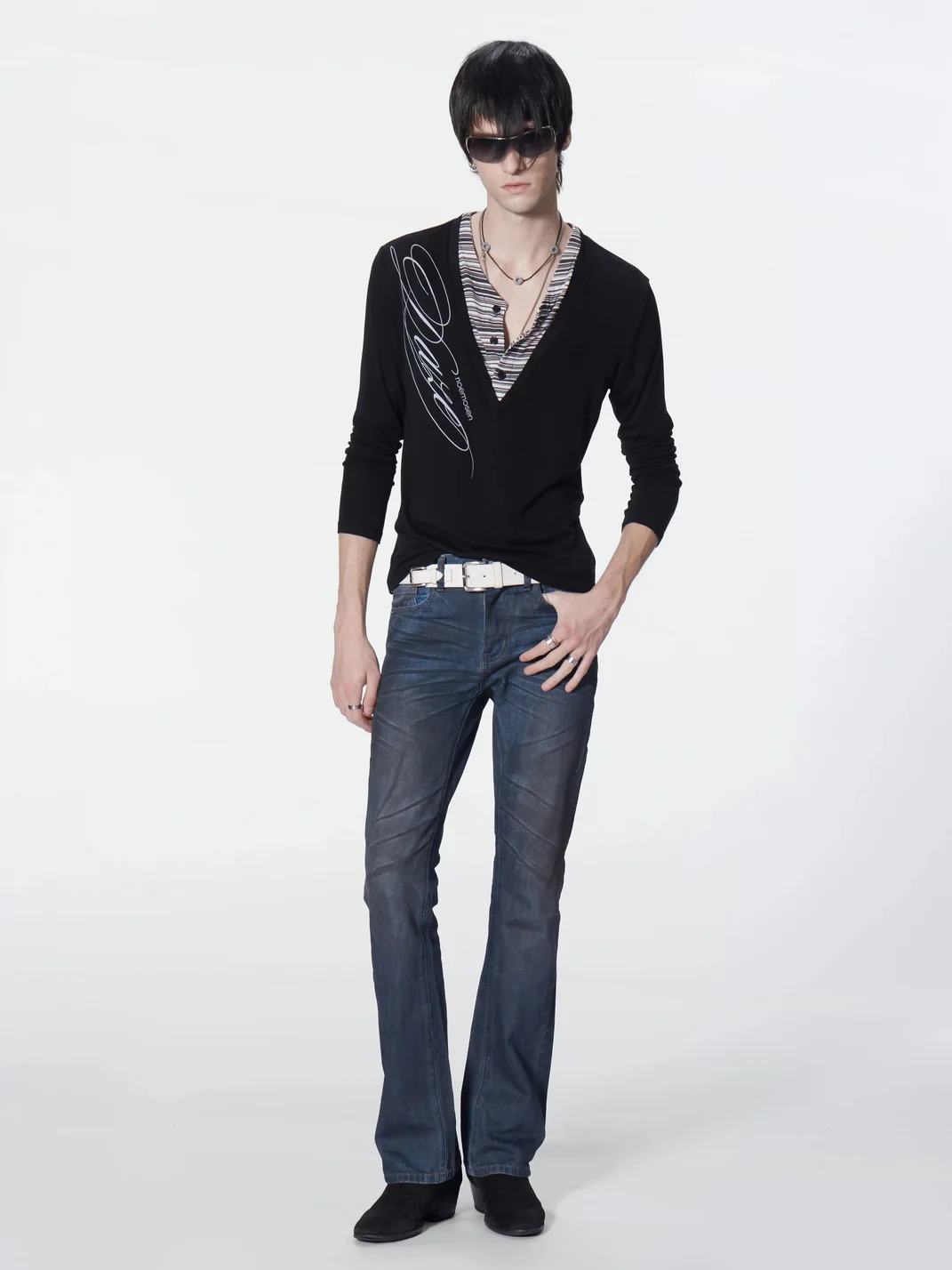 no E mosen | V-Neck Striped Layered Long Sleeve Top