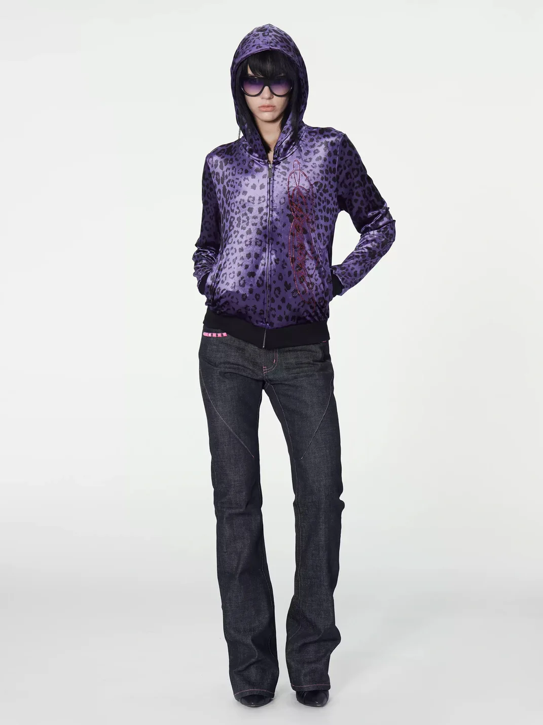 no E mosen | Dark Indigo Contrast Stitch Studded Flared Jeans