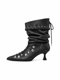 RONGRONG BABY | Vintage Ruched Studded Mid-Calf Boots