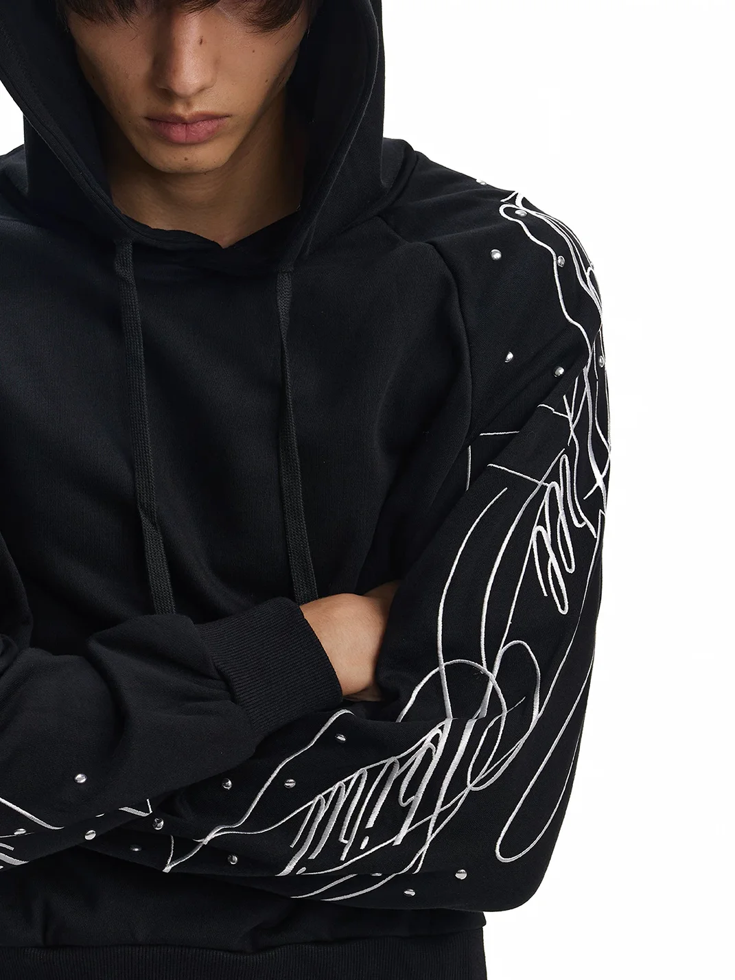 no E mosen | Oversized Cross Embroidered Rhinestone Hoodie