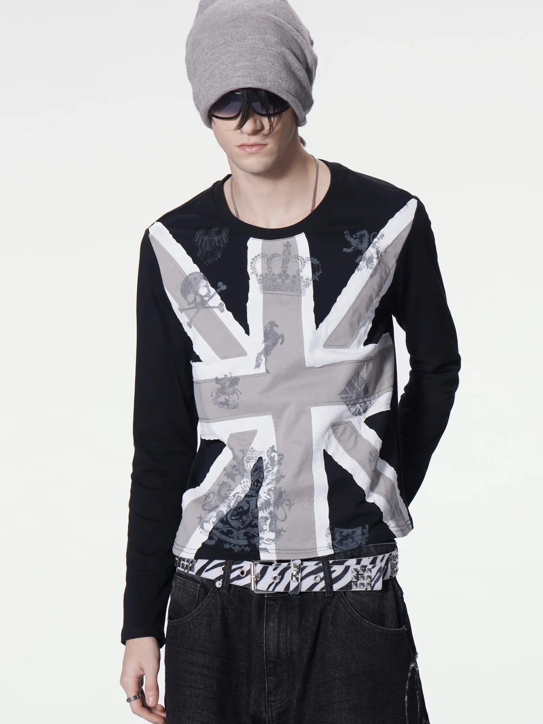 no E mosen | Slim Fit Union Jack Patch Long Sleeve T-Shirt