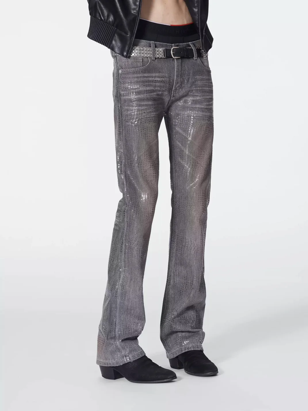 no E mosen | Rust-Dyed Snakeskin Sequin Slim Flare Jeans