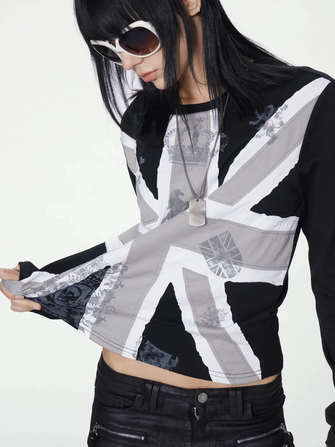 no E mosen | Slim Fit Union Jack Patch Long Sleeve T-Shirt