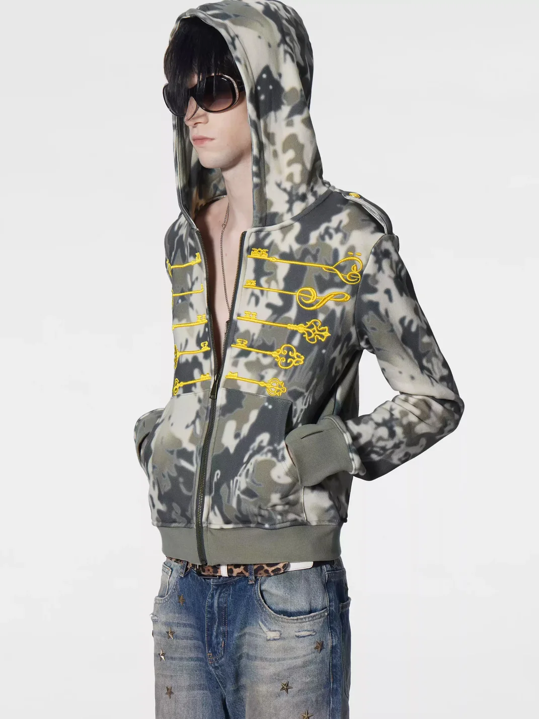no E mosen | Fitted Camouflage Embroidered Zip Hoodie