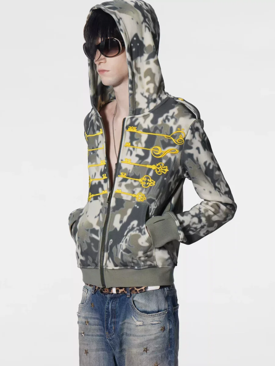 no E mosen | Fitted Camouflage Embroidered Zip Hoodie - 2