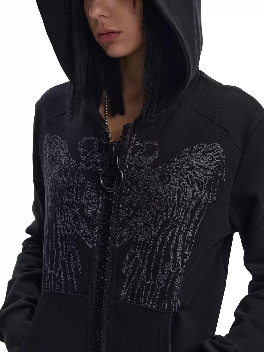 no E mosen | Crown Wing Glitter Print Fitted Zip Hoodie