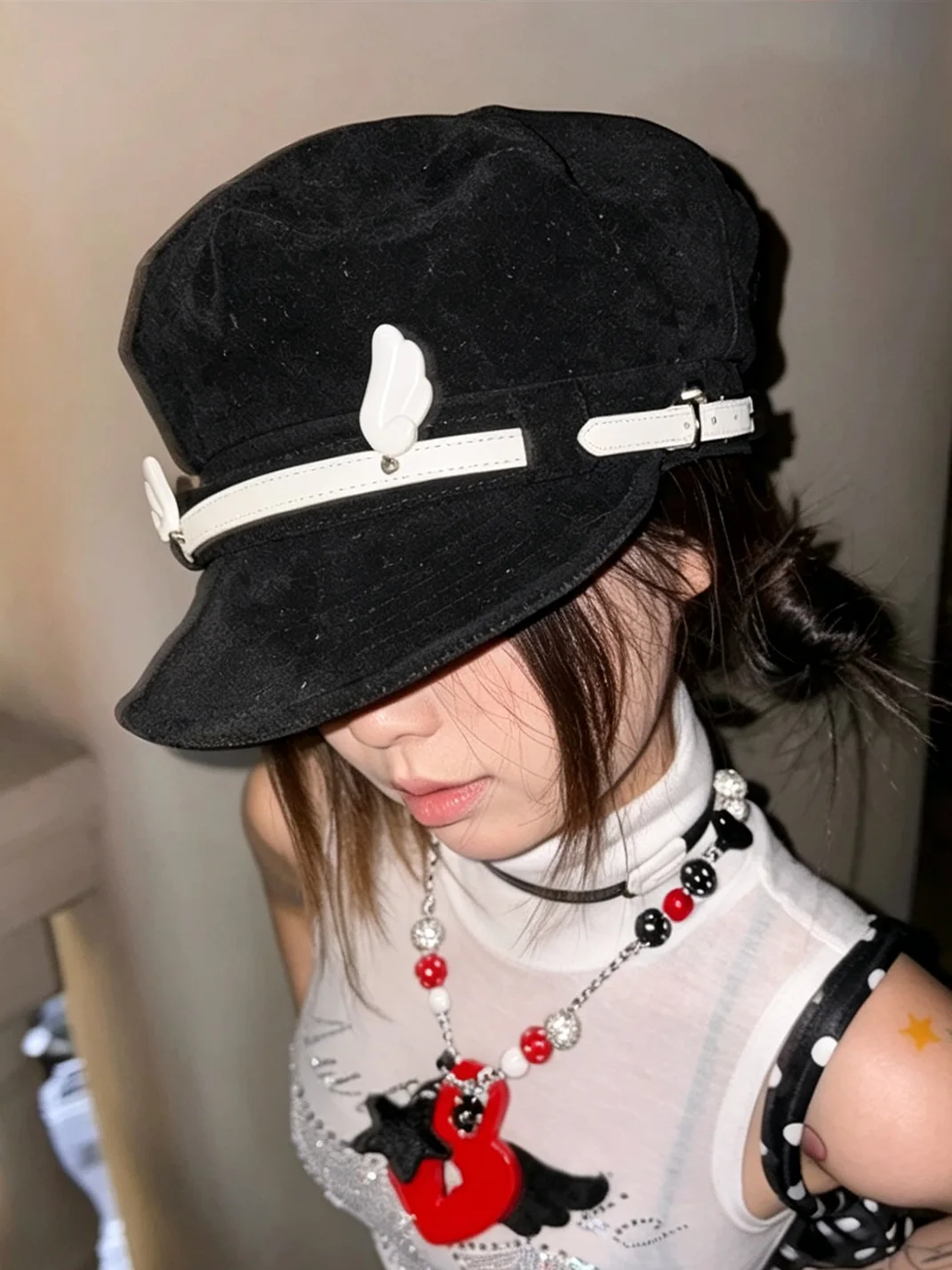 Wolf Grandmother | Wing Detail Polka Dot Newsboy Cap