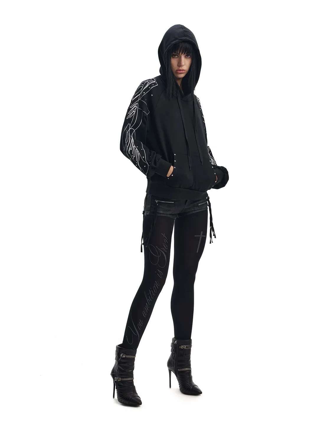 no E mosen | Oversized Cross Embroidered Rhinestone Hoodie