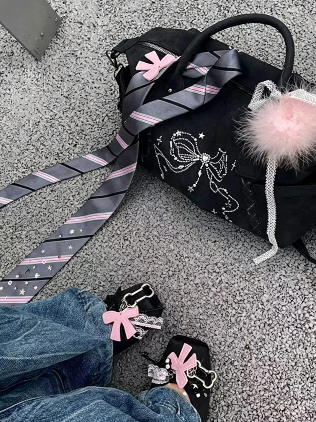 Wolf Grandmother | Rhinestone Bow Striped Necktie