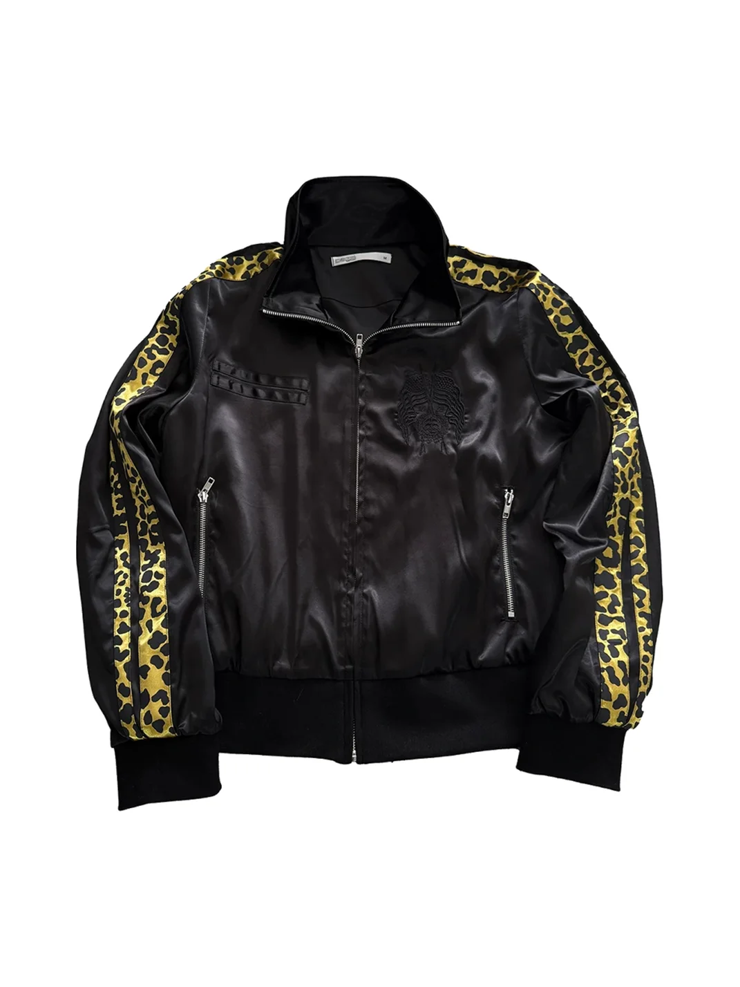 no E mosen | Satin Colorblock Leopard Trim Stand Collar Jacket