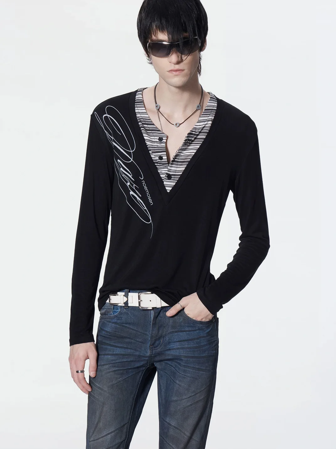 no E mosen | V-Neck Striped Layered Long Sleeve Top
