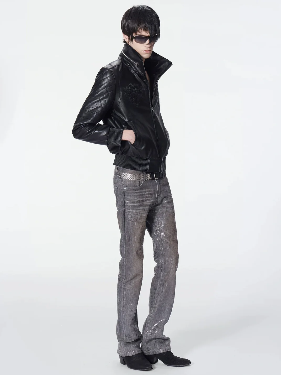 no E mosen | Rust-Dyed Snakeskin Sequin Slim Flare Jeans