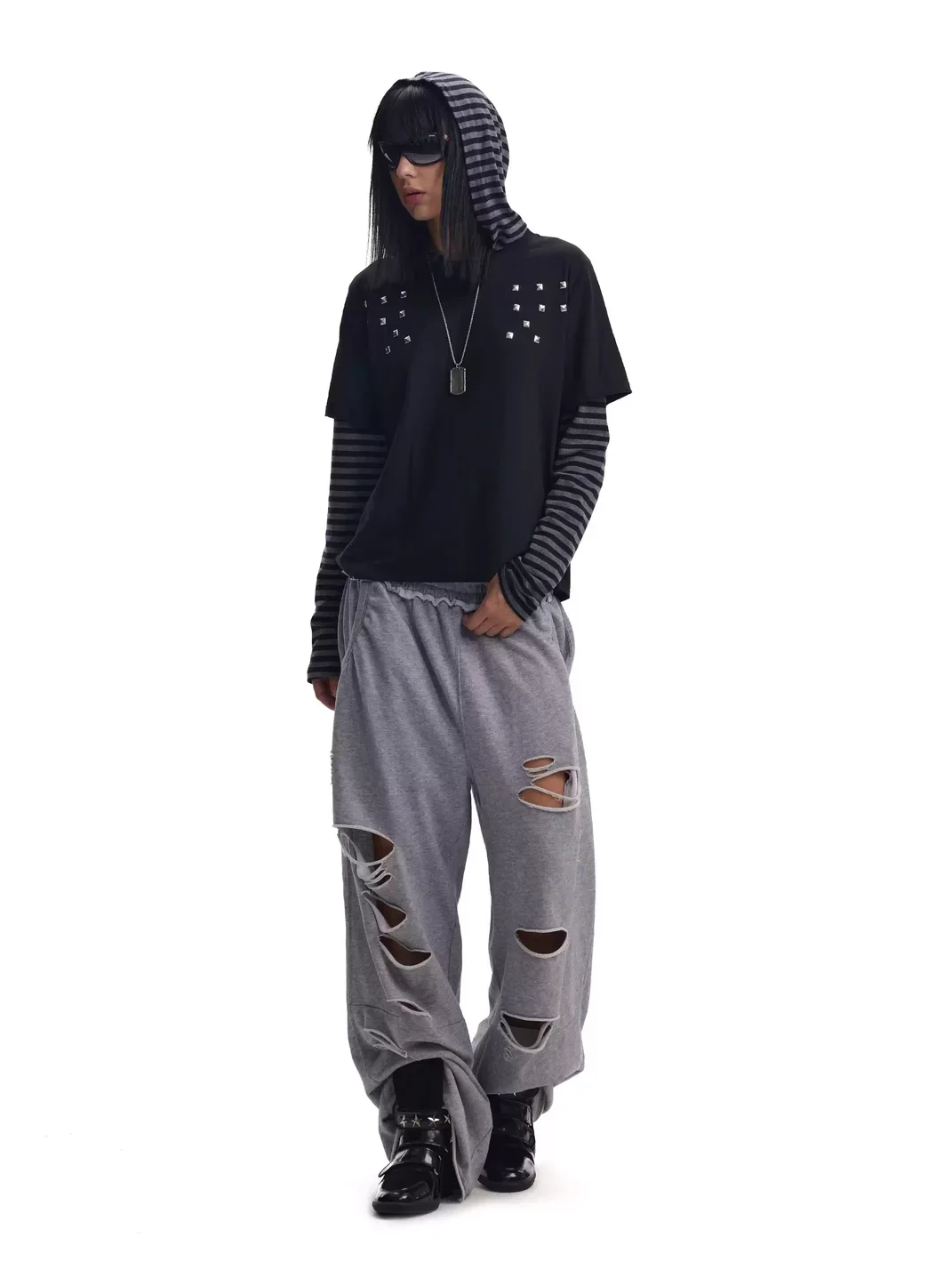 no E mosen | Studded Striped Faux Layer Hooded Top