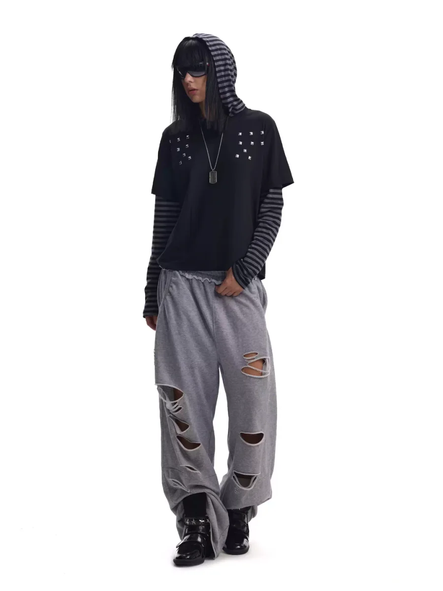 no E mosen | Studded Striped Faux Layer Hooded Top - 4