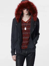 no E mosen | Washed Biker Collar Fur Trim Hooded Sweatshirt