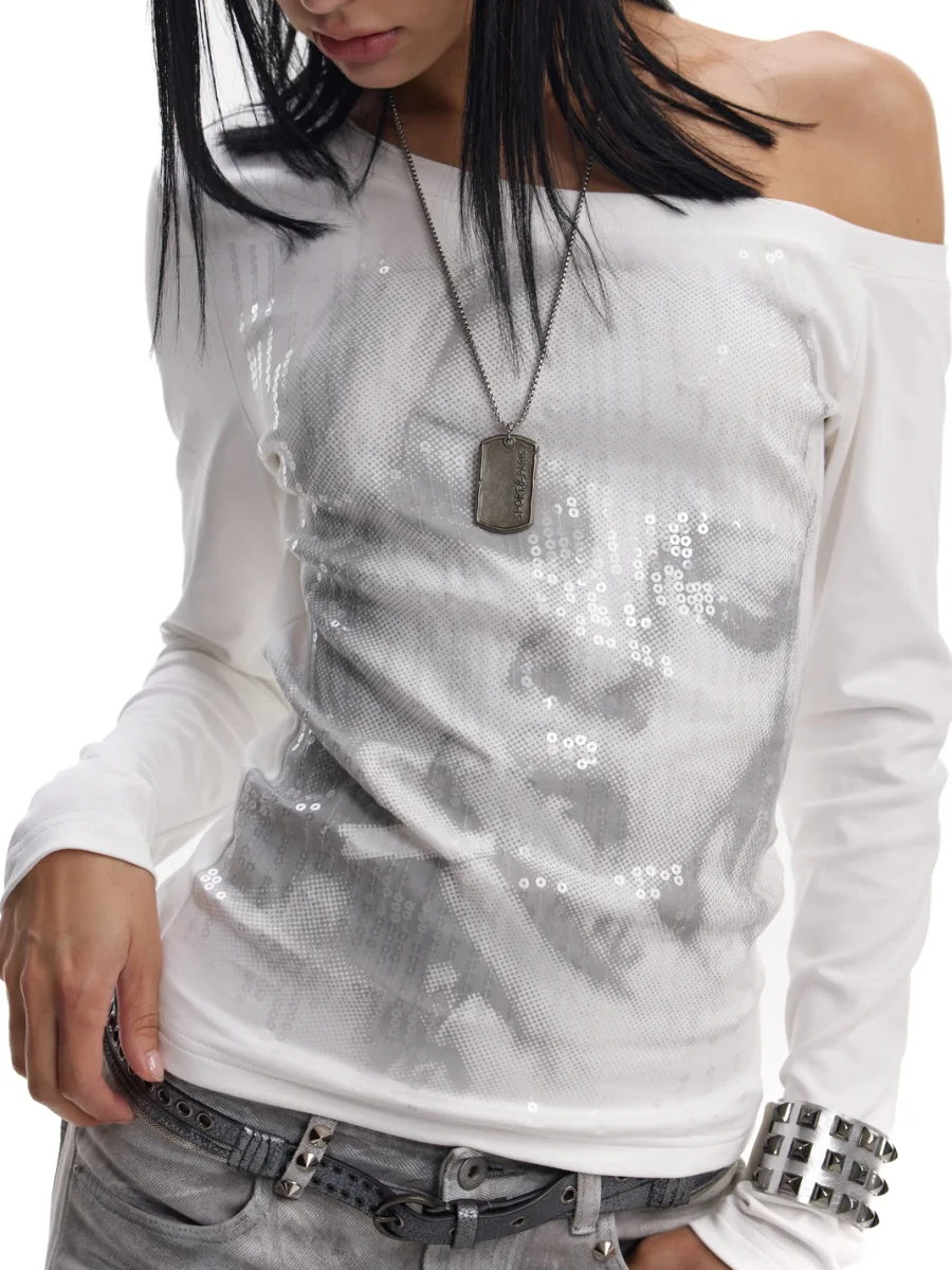 no E mosen | Sequin Portrait One-Shoulder Long Sleeve Top - 4