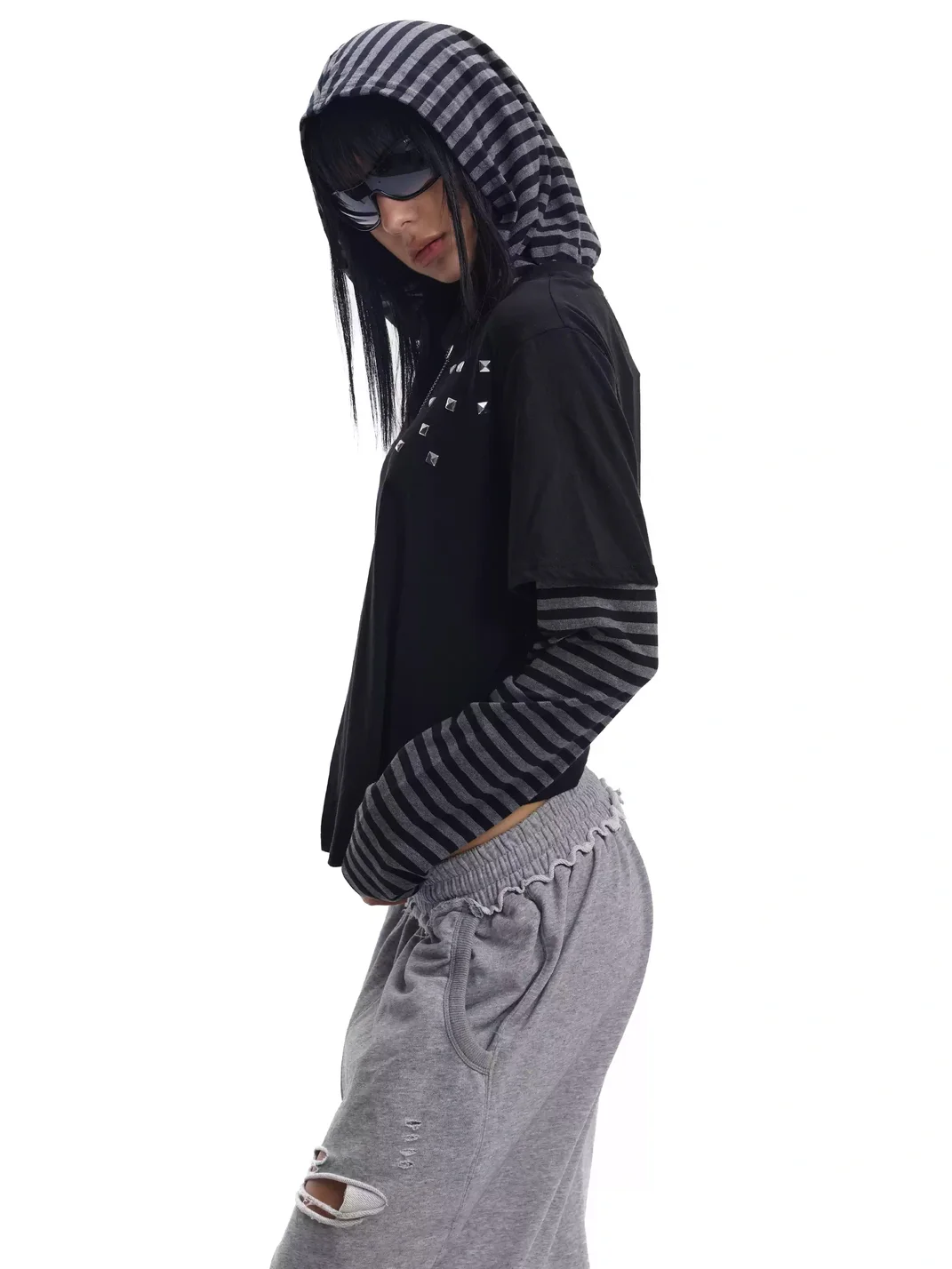 no E mosen | Studded Striped Faux Layer Hooded Top