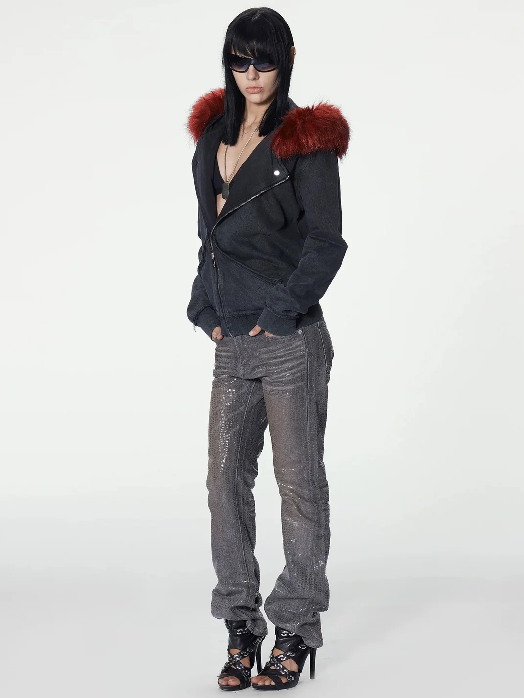 no E mosen | Rust-Dyed Snakeskin Sequin Slim Flare Jeans