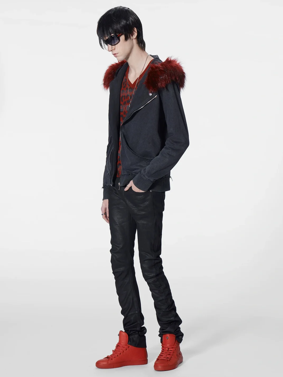 no E mosen | Washed Biker Collar Fur Trim Hooded Sweatshirt
