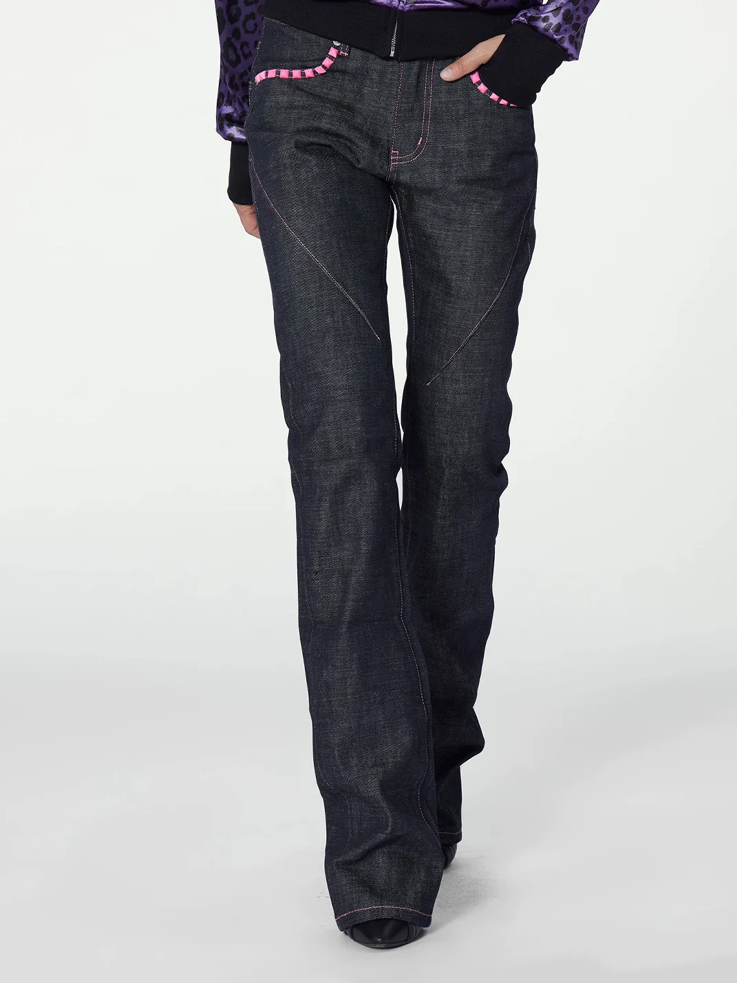 no E mosen | Dark Indigo Contrast Stitch Studded Flared Jeans