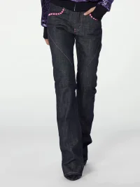 no E mosen | Dark Indigo Contrast Stitch Studded Flared Jeans