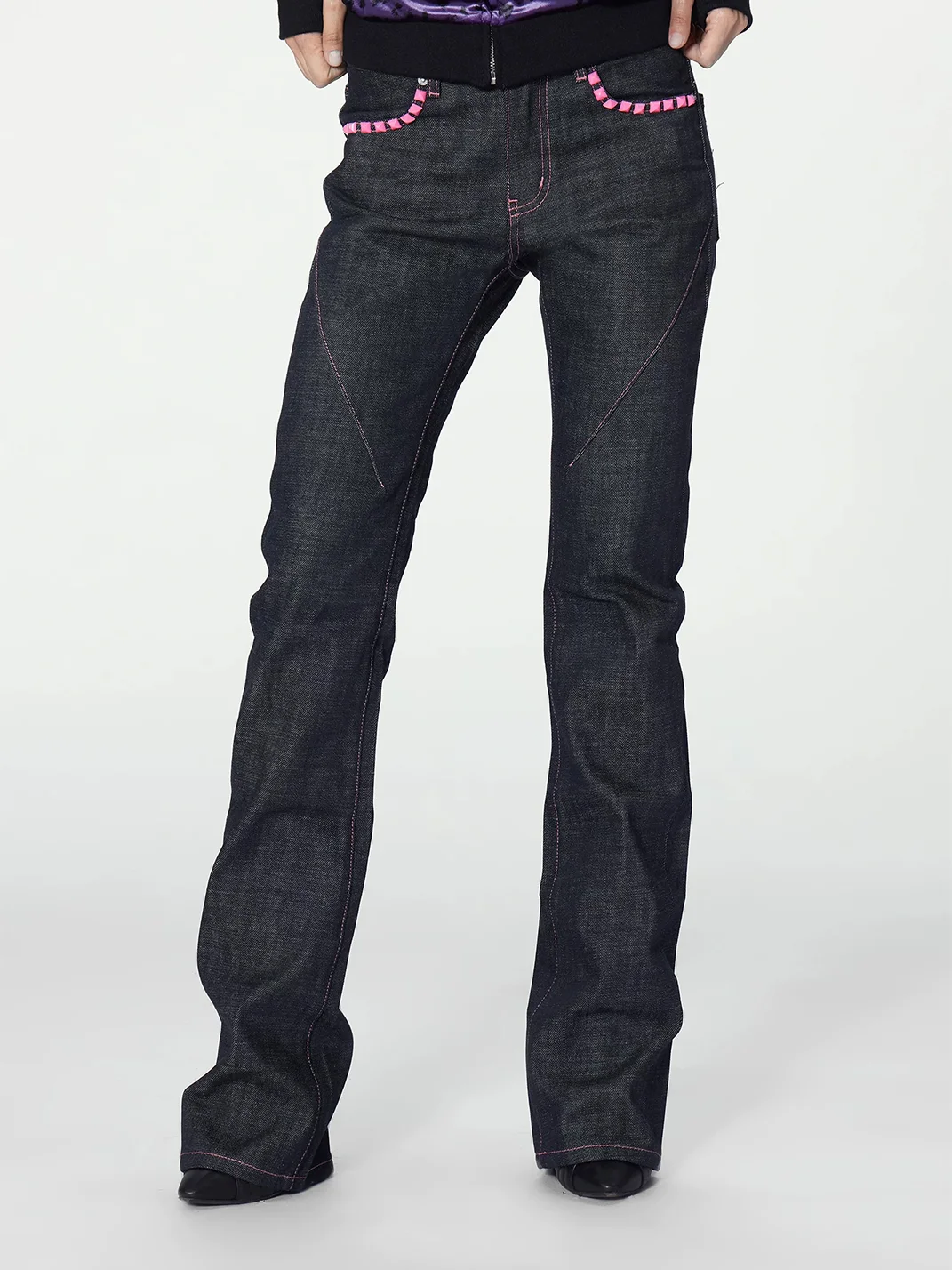 no E mosen | Dark Indigo Contrast Stitch Studded Flared Jeans