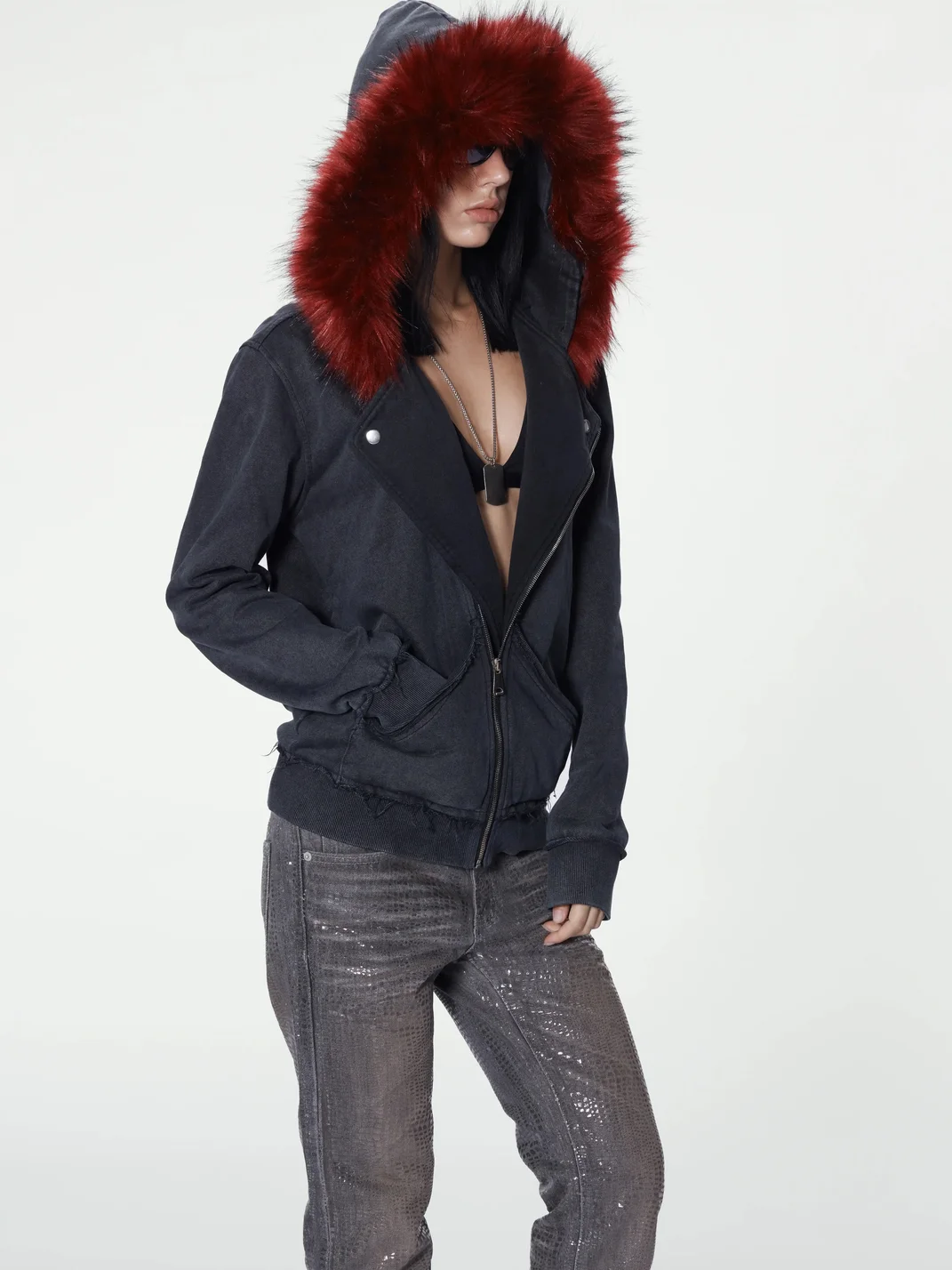 no E mosen | Washed Biker Collar Fur Trim Hooded Sweatshirt