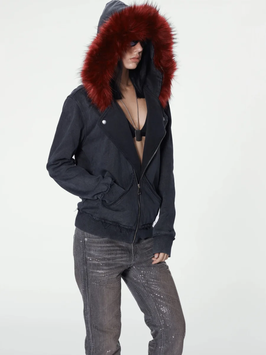 no E mosen | Washed Biker Collar Fur Trim Hooded Sweatshirt - 2