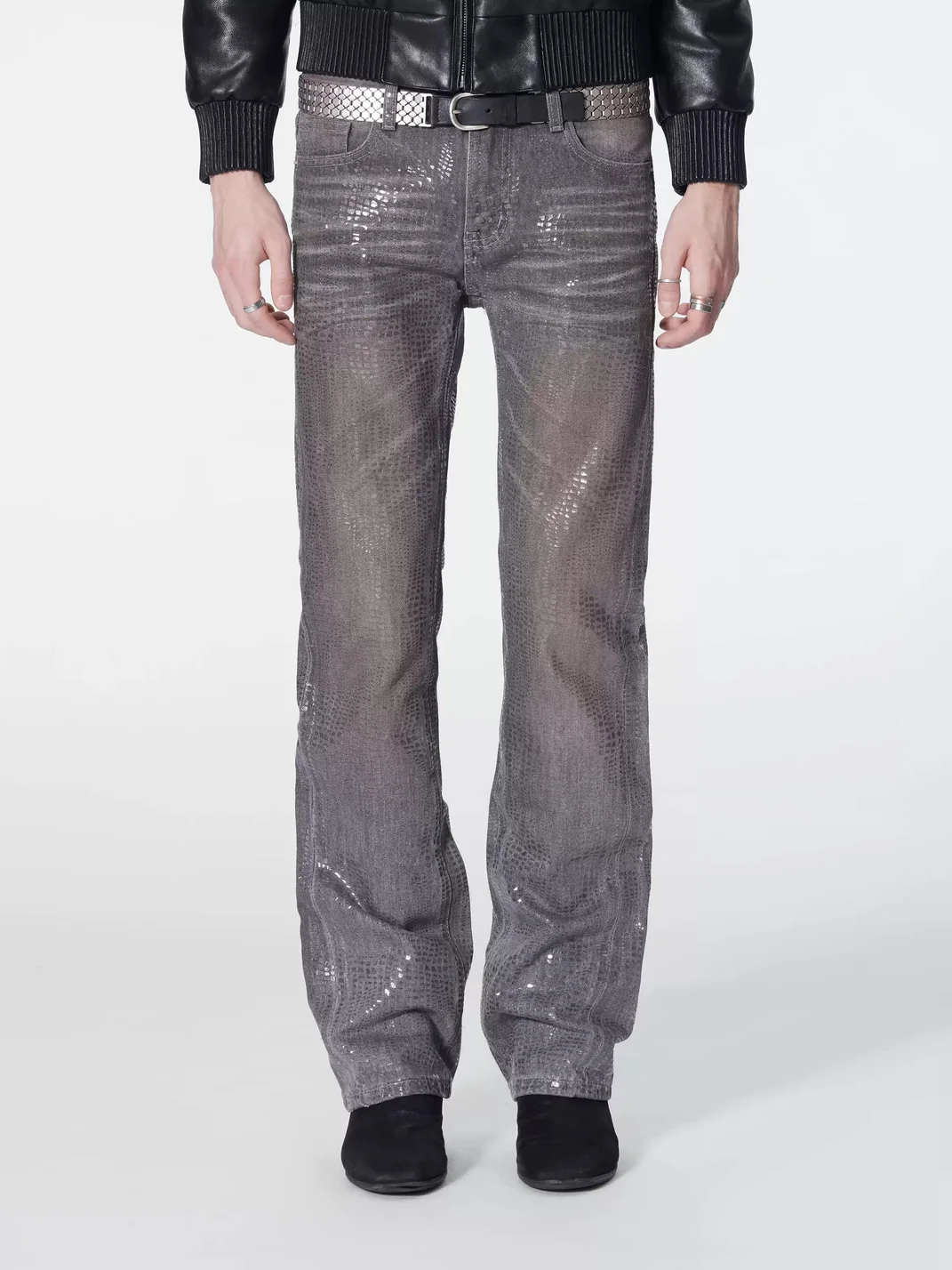 no E mosen | Rust-Dyed Snakeskin Sequin Slim Flare Jeans