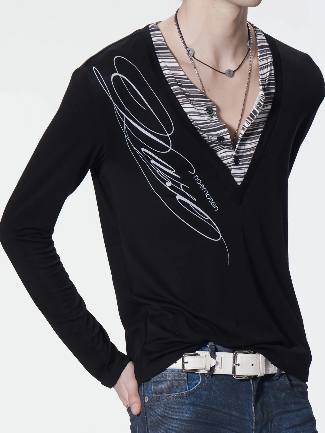 no E mosen | V-Neck Striped Layered Long Sleeve Top