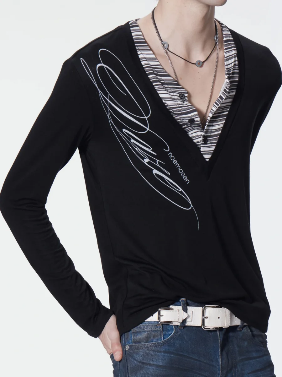 no E mosen | V-Neck Striped Layered Long Sleeve Top - 4