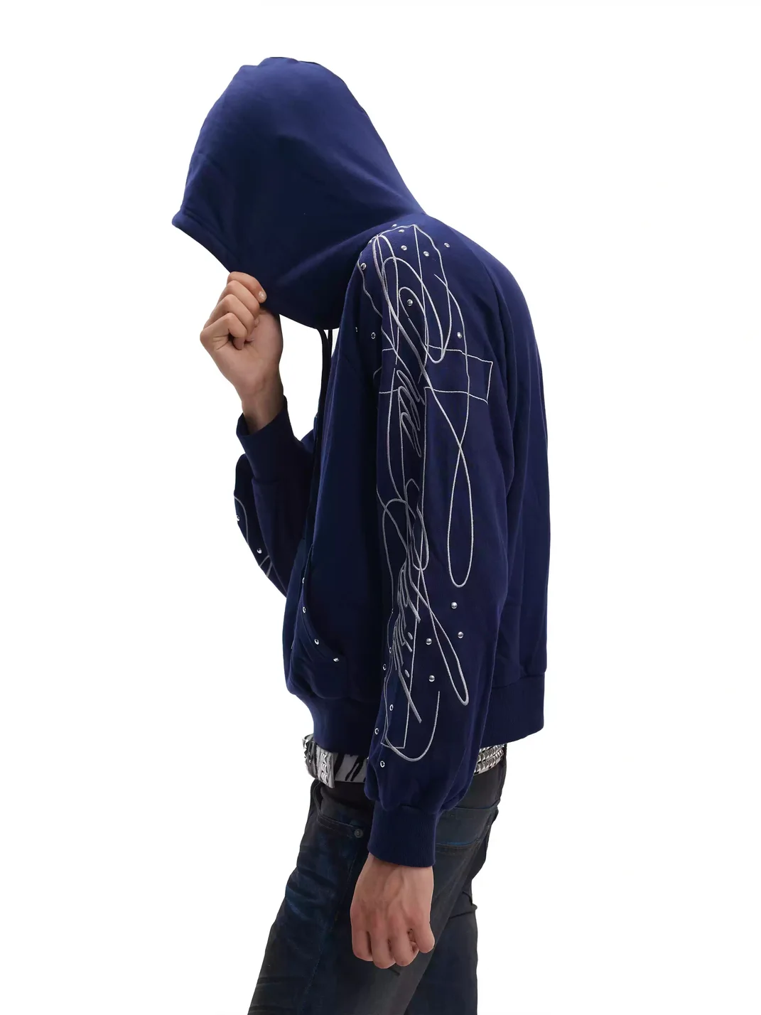 no E mosen | Oversized Cross Embroidered Rhinestone Hoodie