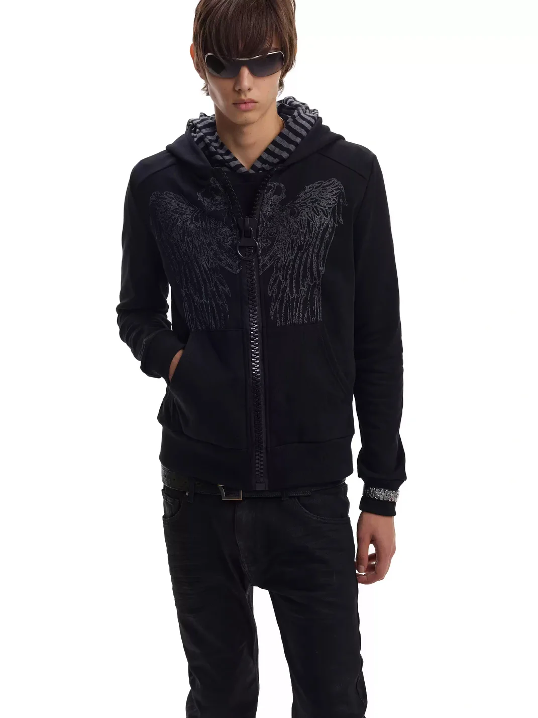 no E mosen | Crown Wing Glitter Print Fitted Zip Hoodie