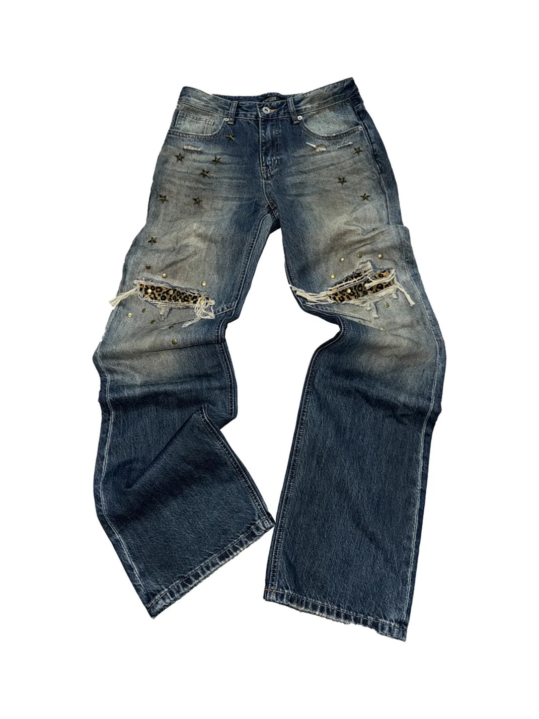 no E mosen | Distressed Washed Blue Leopard Patch Studded Jeans