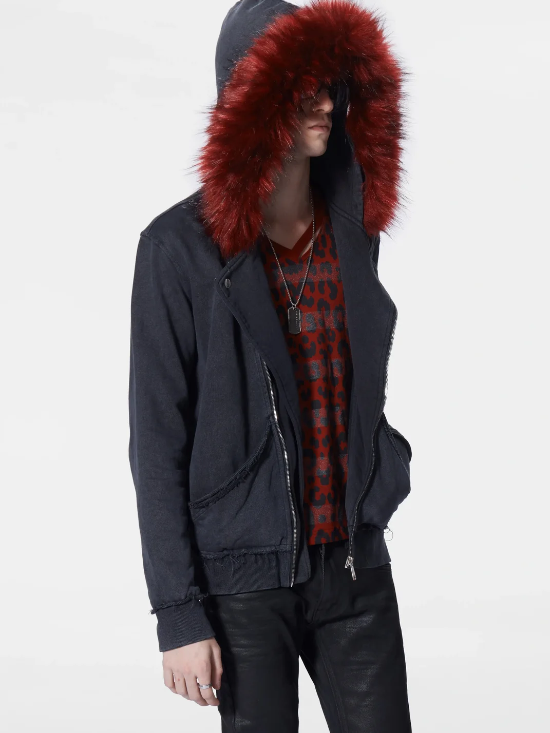 no E mosen | Washed Biker Collar Fur Trim Hooded Sweatshirt