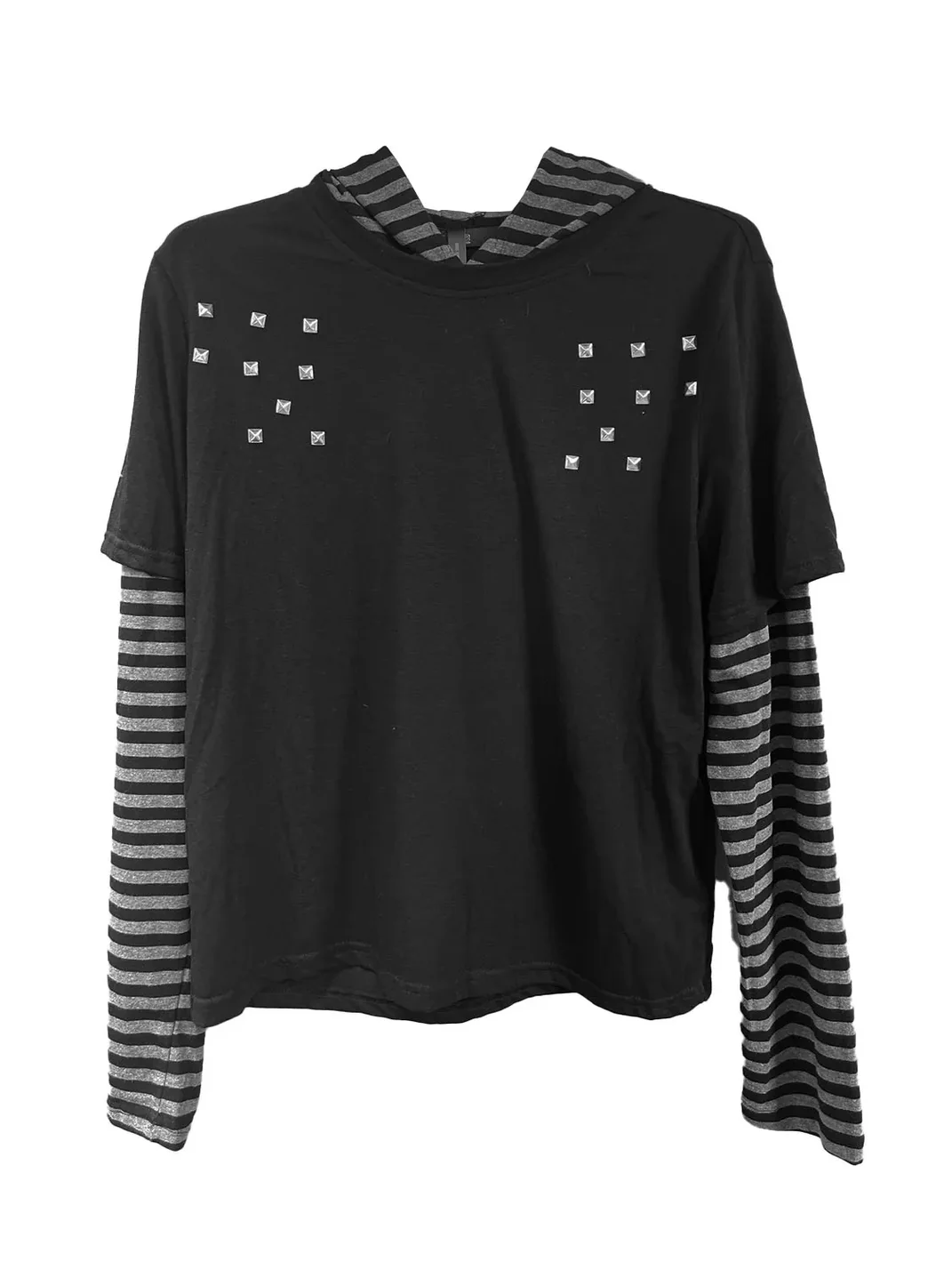 no E mosen | Studded Striped Faux Layer Hooded Top