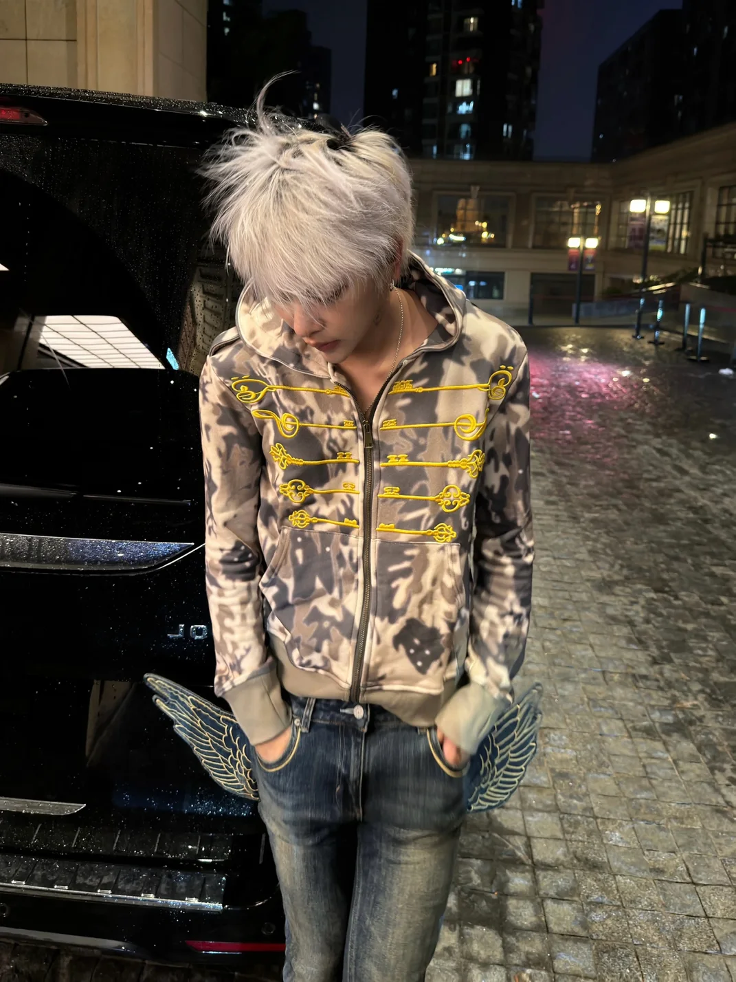 no E mosen | Fitted Camouflage Embroidered Zip Hoodie