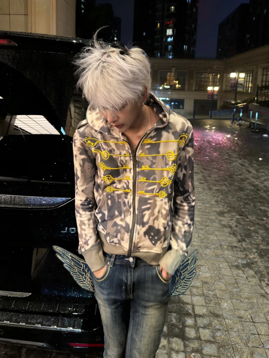 no E mosen | Fitted Camouflage Embroidered Zip Hoodie - 4
