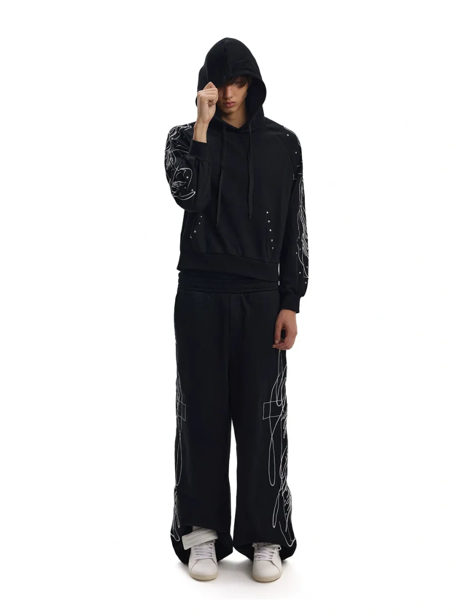 no E mosen | Oversized Cross Embroidered Rhinestone Hoodie - 2