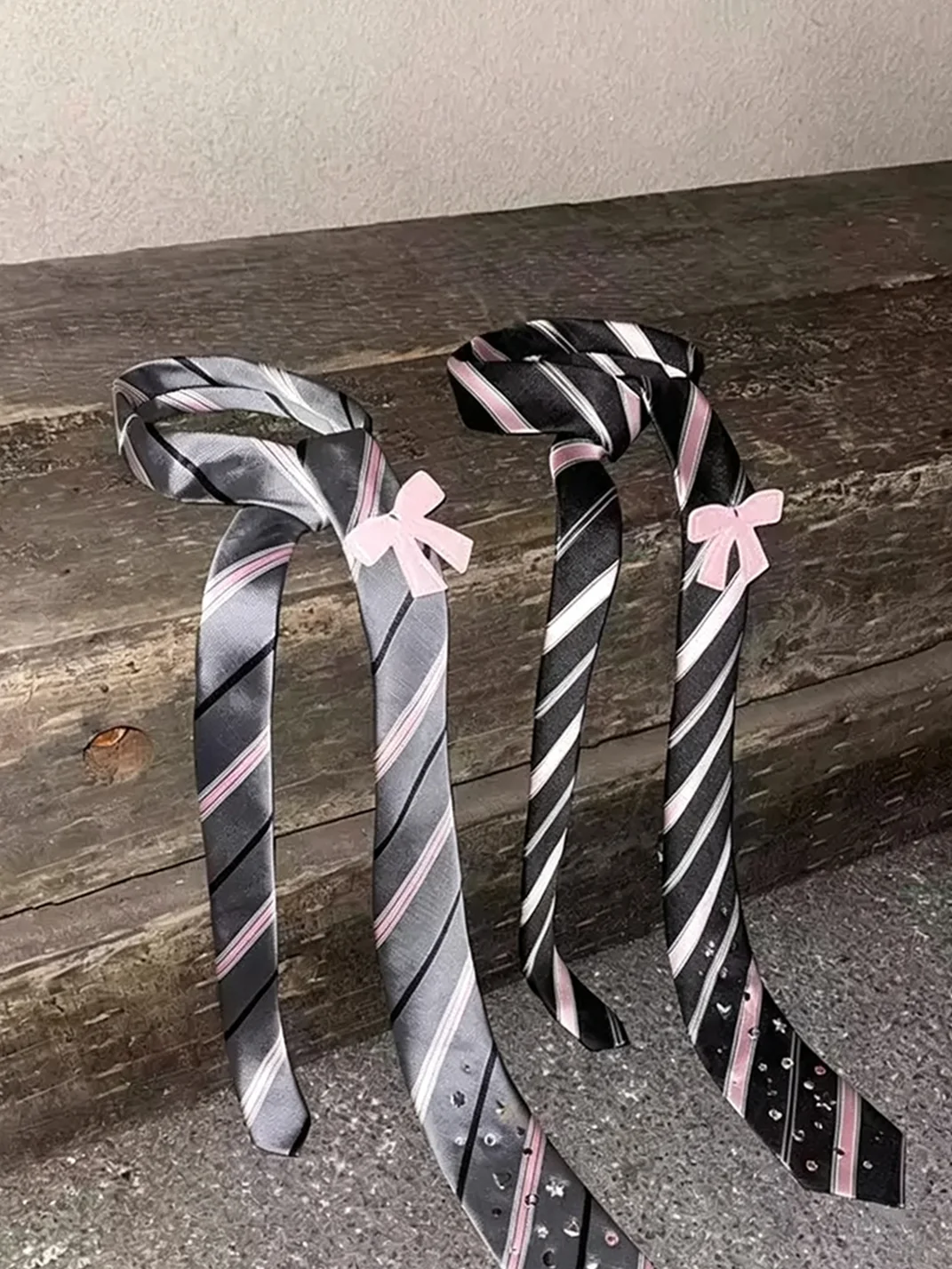 Wolf Grandmother | Rhinestone Bow Striped Necktie