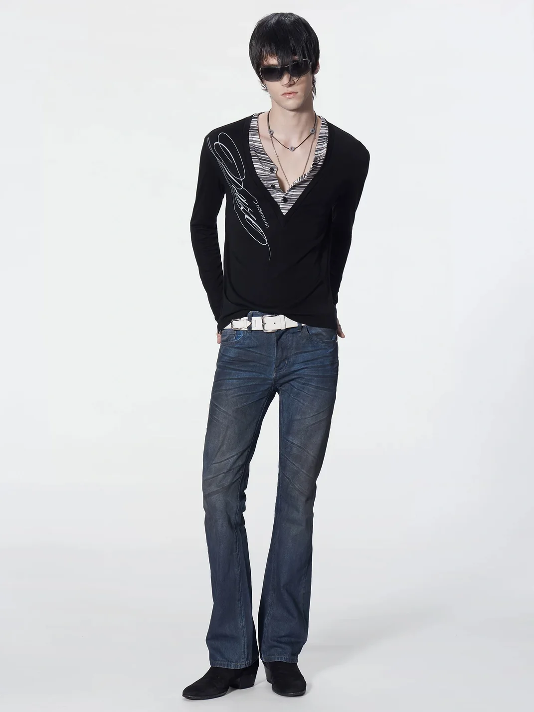 no E mosen | V-Neck Striped Layered Long Sleeve Top