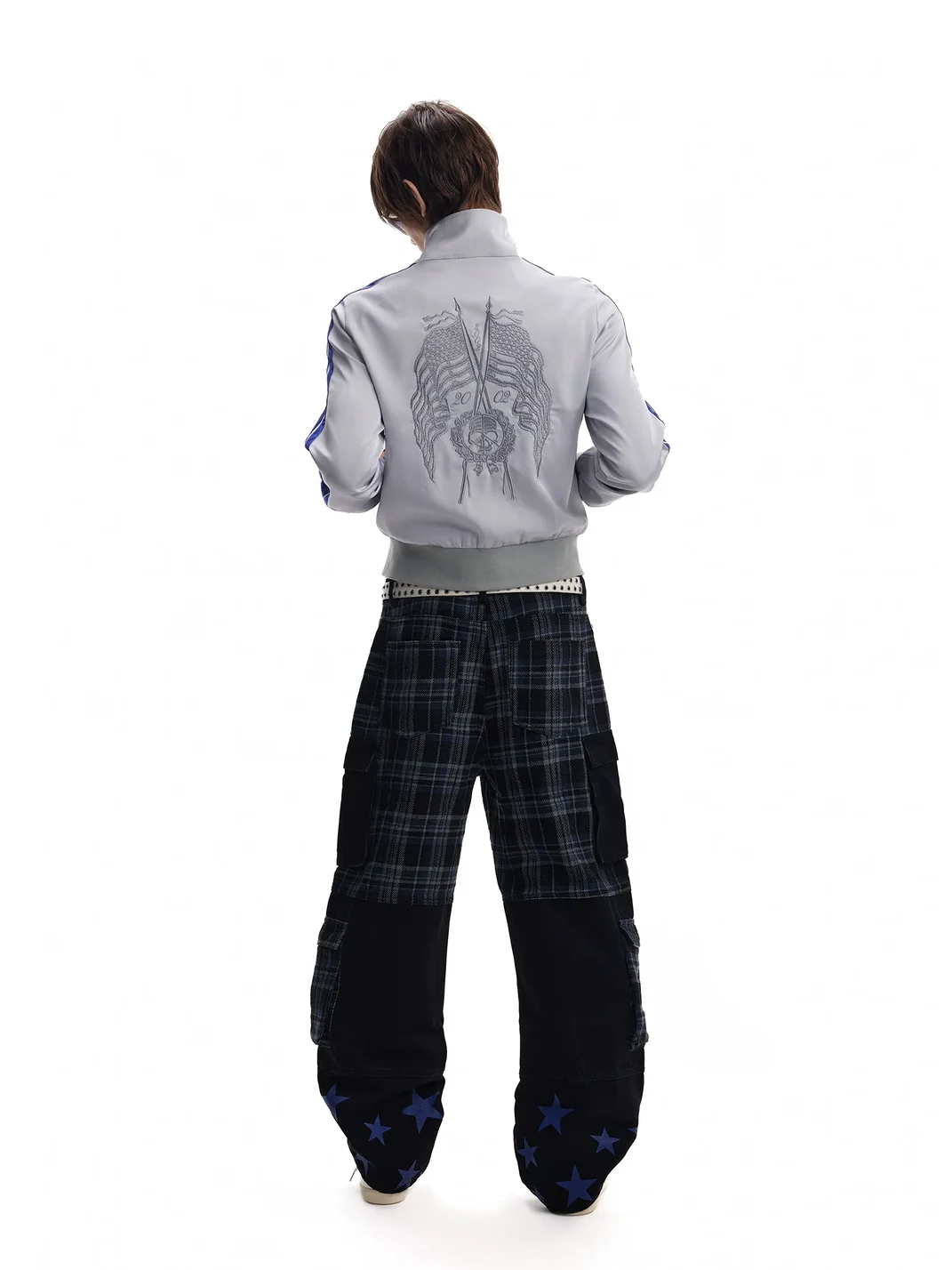 no E mosen | Satin Colorblock Leopard Trim Stand Collar Jacket