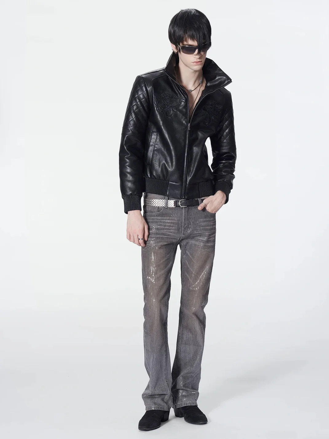 no E mosen | Rust-Dyed Snakeskin Sequin Slim Flare Jeans
