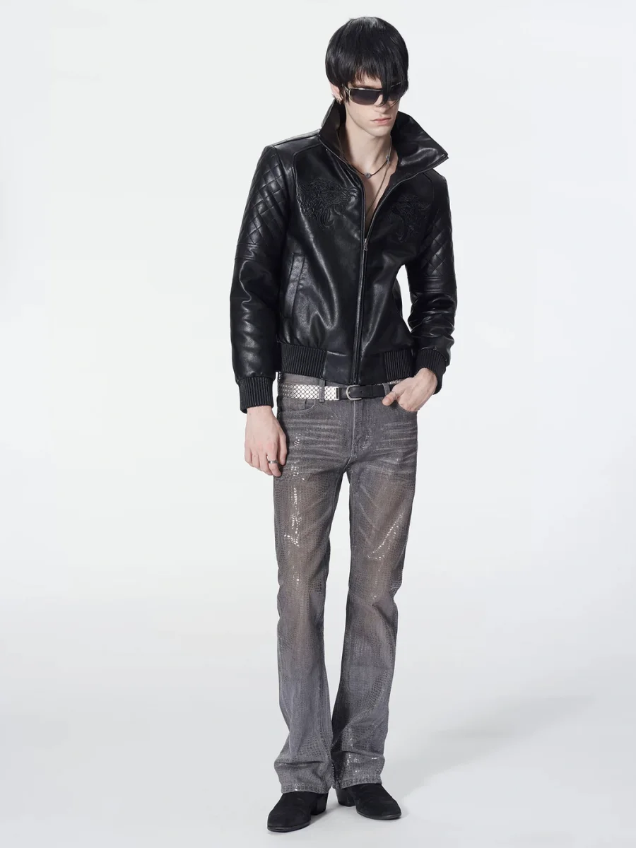 no E mosen | Rust-Dyed Snakeskin Sequin Slim Flare Jeans - 4